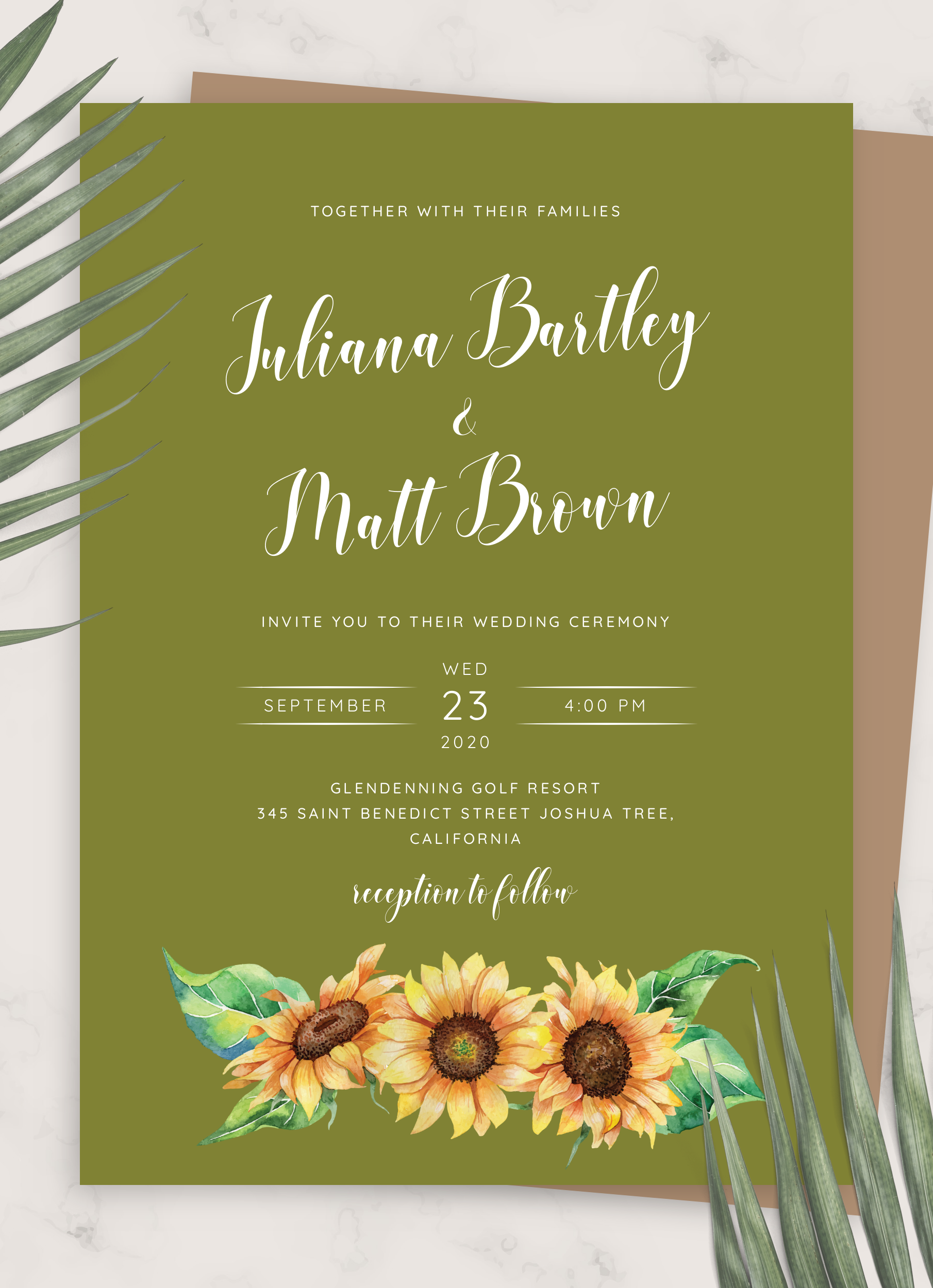 Download Printable Olive Green Sunflower Wedding Invitation PDF