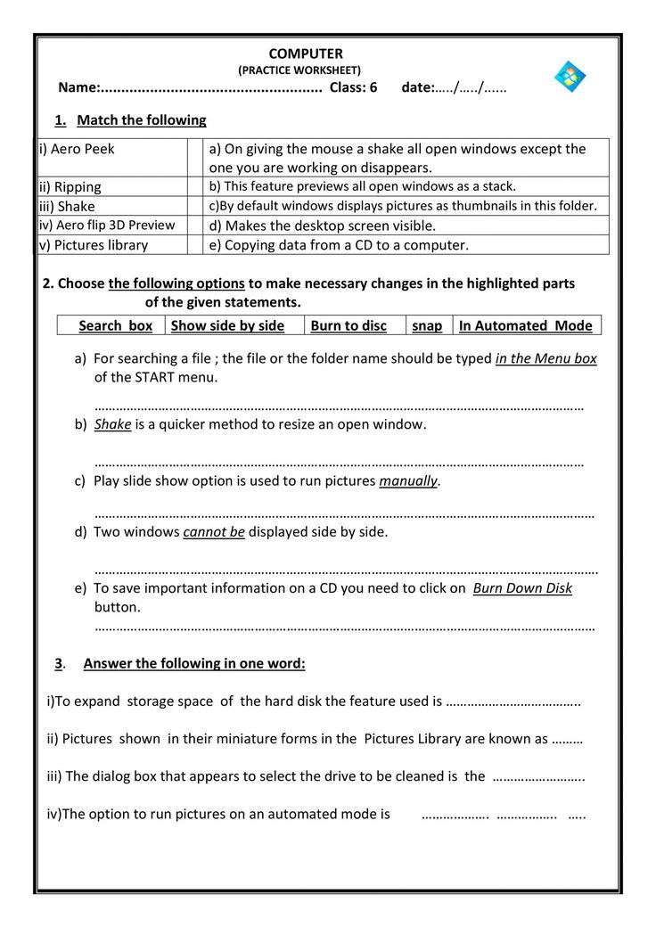 Free Printable Computer Worksheets Puter Science Worksheet For Grade 6 