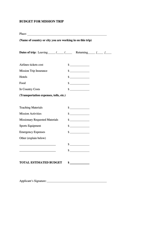 Mission Trip Budget Template Printable Pdf Download