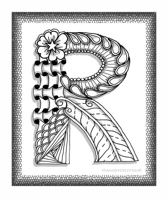 Zentangle R Monogram Alphabet Illustration Art Print By Vermont 