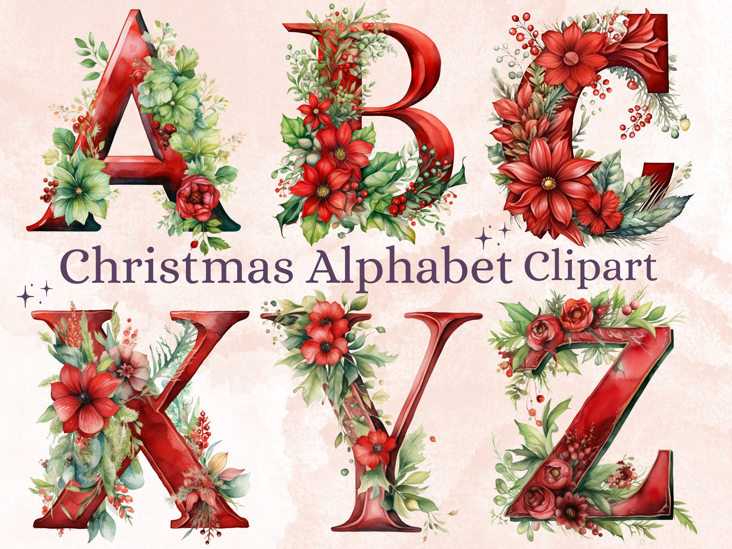 24 Png Watercolour Red Christmas Alphabet Clipart, Christmas Letters Clip Art, Christmas Font Png, Xmas Noel Floral Alphabet Sublimation intended for Religious Christmas Alphabet