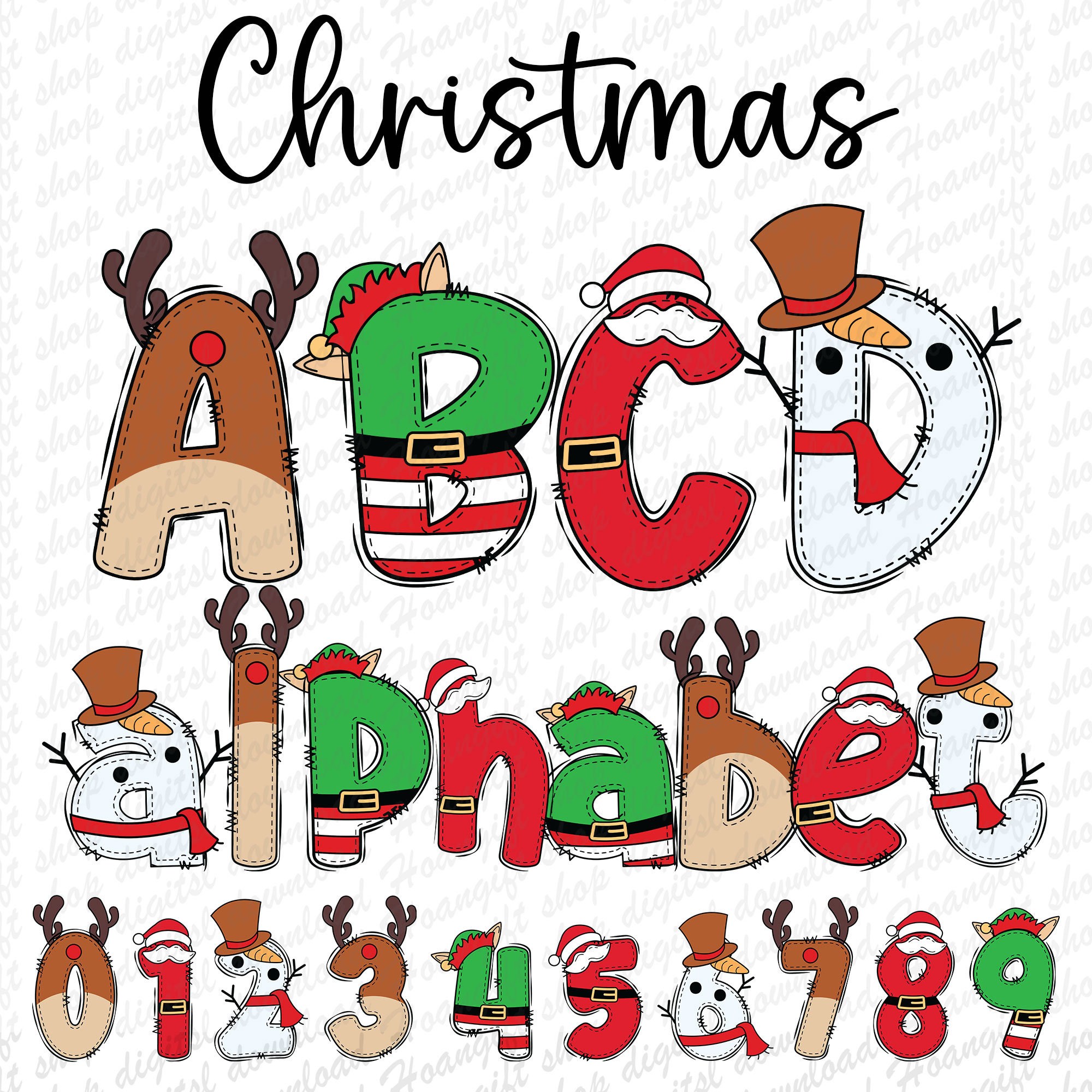 Christmas Alphabet, Christmas Doodle Letters, Reindeer, Elf, Santa for Christmas Alphabet Stickers